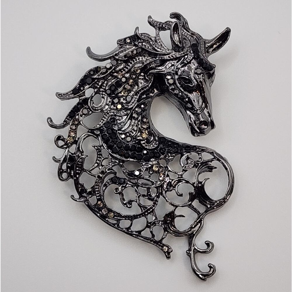 Horse Brooch Whimsical Openwork Rhinestone Brooch Animal Black Stones Dark Metal